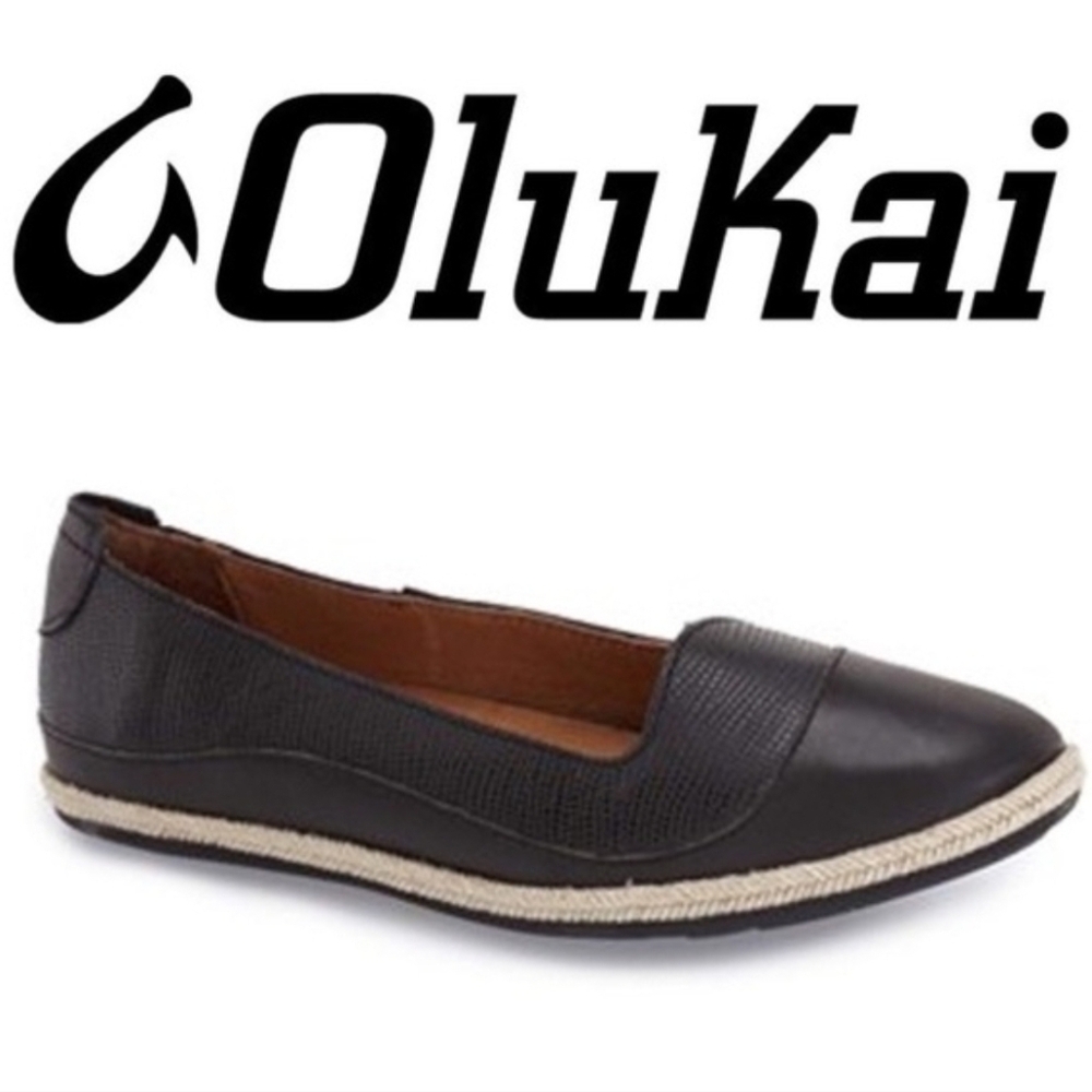 Olukai "Lino" Leather Espadrille Flat Shoes Black | Women's Size 7.5